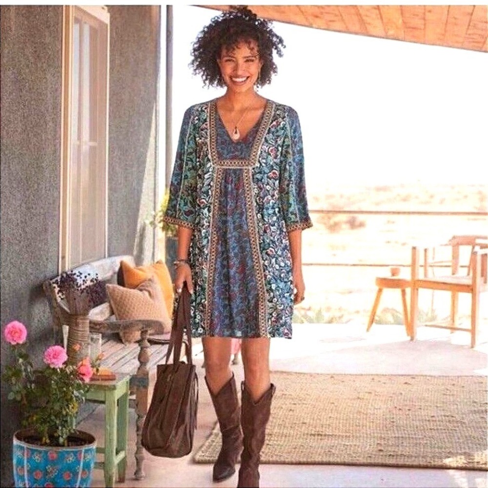 Sundance Sweet Whispers Boho Floral Mini Dress Mixed Print Blue Red Large